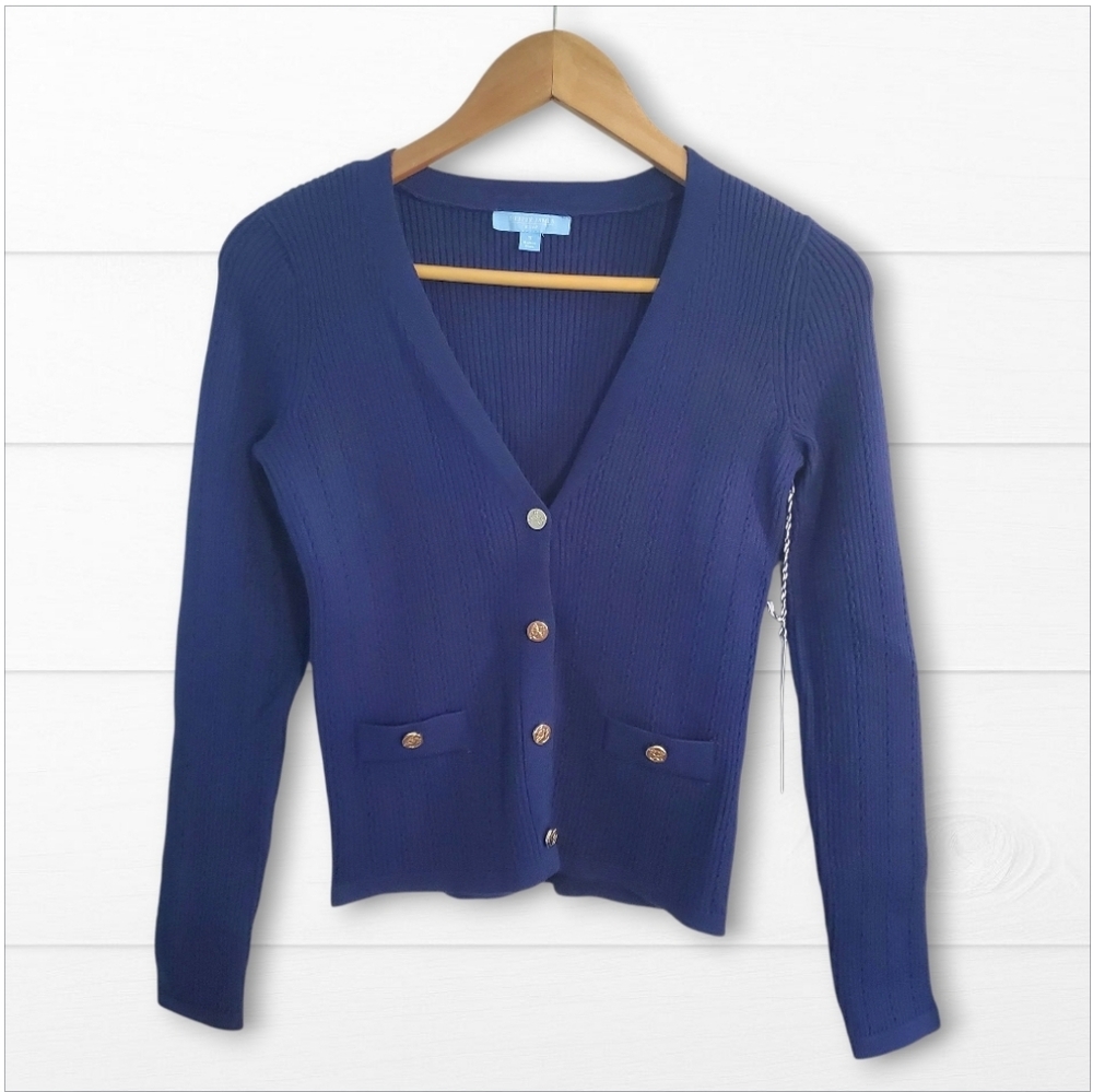 Draper James Navy Blue V-Neck Cardigan, Size S Preppy Academic